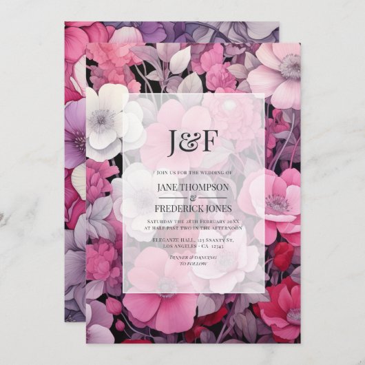 Shades of Pink and Grayフローラ結婚ズモノグラム 招待状 (正面/裏面)