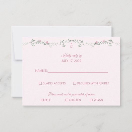 Shades of Pink Foliage Monogram RSVP Response Card (正面)