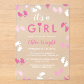 Shades of Pink It's A Girlベビー足跡 アクリル招待状 (正面)