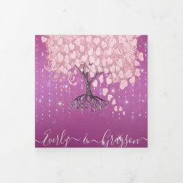 Shades of Pink & Purpleハートリーフツリー結婚ズ 三つ折り招待状