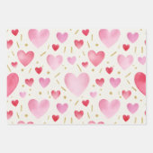 Shades of Pink Watercolor & Gold Glitter Hearts ラッピングペーパーシート (正面3)