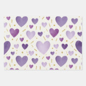 Shades of Purple Watercolor & Gold Glitter Hearts ラッピングペーパーシート (正面)