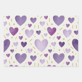 Shades of Purple Watercolor & Gold Glitter Hearts ラッピングペーパーシート