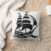 Shadow Sailing Ship – Vintage Ocean Illustration クッション (ブランケット)