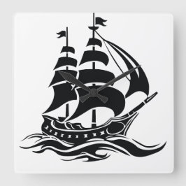 Shadow Sailing Ship – Vintage Ocean Illustration スクエア壁時計