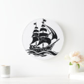 Shadow Sailing Ship – Vintage Ocean Illustration ラージ壁時計 (ホーム)