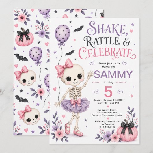 Shake Rattle & Celebrate 5歳の誕生日 招待状 (正面/裏面)