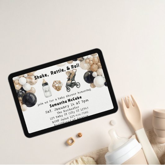 Shake, Rattle, Roll & Balloon Arch Baby Shower 招待状