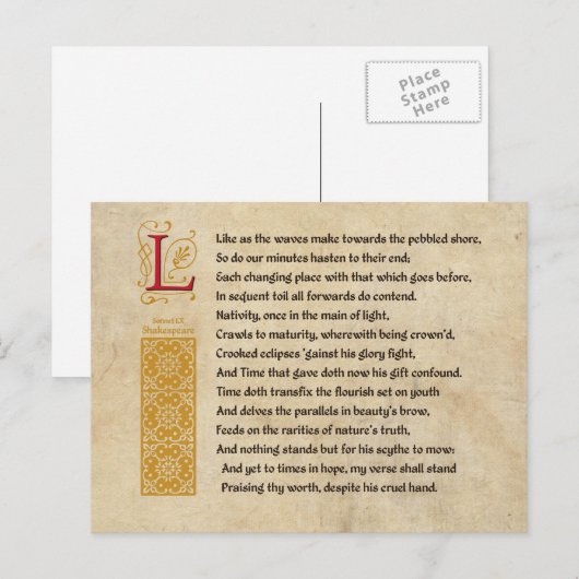 Shakespeare Sonnet 60 (LX) on Parchment ポストカード (正面/裏面)