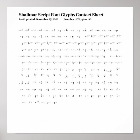 Shalimar Script フォントグリフ連絡シート ポスター (正面)