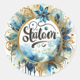Shalom Blue Gold Wreath Abstract Modern Trendy ラウンドシール