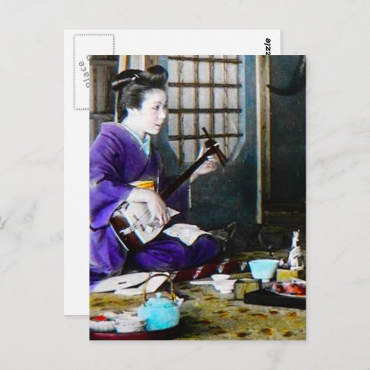 Shamisenのバンジョーを演奏しているヴィンテージの日本のな芸者 ポストカード (正面/裏面)