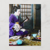 Shamisenのバンジョーを演奏しているヴィンテージの日本のな芸者 ポストカード (正面)