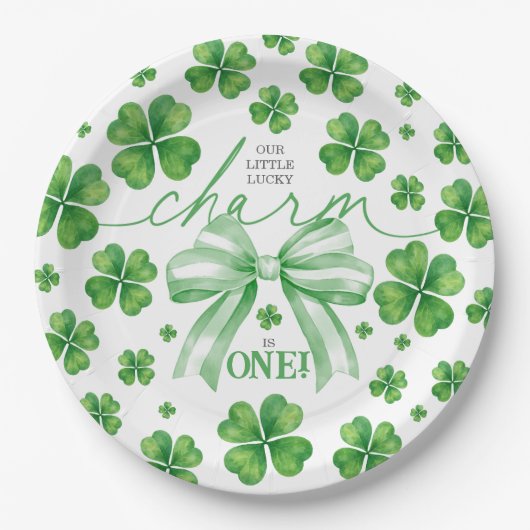Shamrock Green Bow Lucky Charm 1st Birthday ペーパープレート (正面)