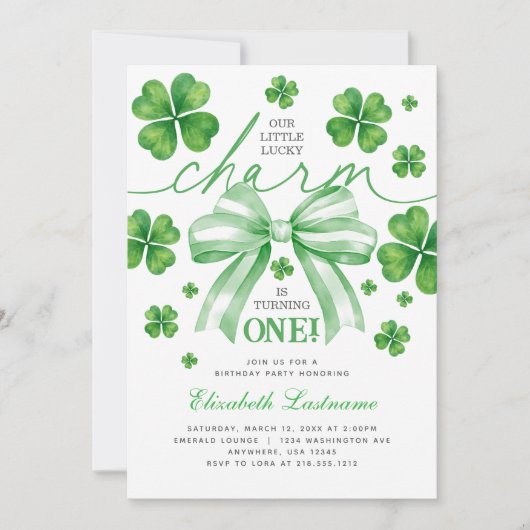 Shamrock Green Bow Lucky Charm 1st Birthday 招待状 (正面)