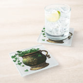 SHAMROCKSのグリーン&金ゴールドアイルランドポット&つる植物 ガラスコースター (アングル)