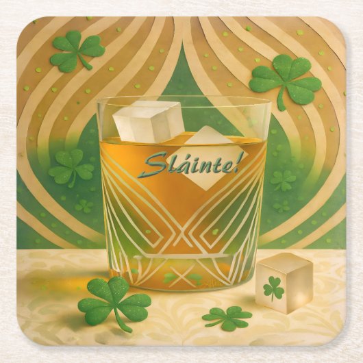 Shamrocks Irish Whiskey Tumbler "Sláinte!" スクエアペーパーコースター (正面)