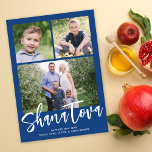 Shana Tova Rosh Hashanah Multi-Photo Photo シーズンカード<br><div class="desc">This modern Rosh Hashanah photo card features a lovely blue color background with modern calligraphy script in white. The greeting on the front says "Shana Tova". It accommodates three photos (two square and one horizontal). On the back there is a coordinating blue background which can be removed or customized. Design...</div>