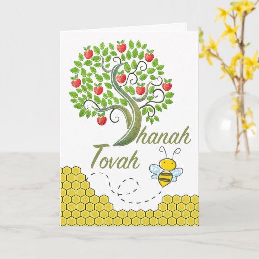 Shanah Tovah, Rosh Hashanah, Apple Tree, Honey Bee カード (黄色い花)