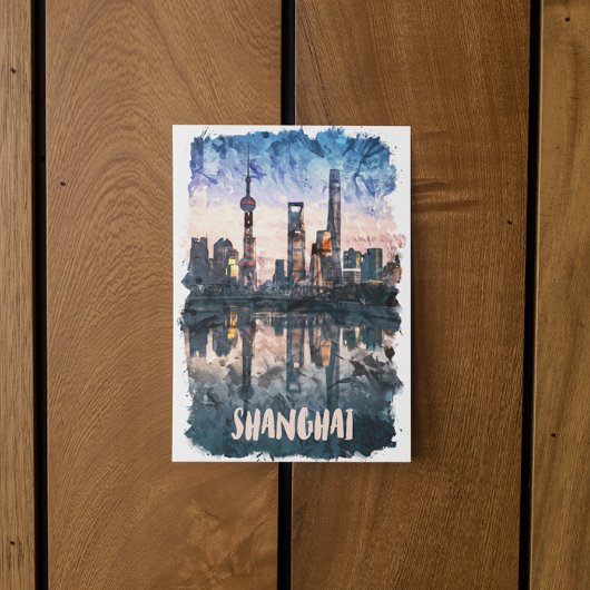 Shanghai China Skyline Watercolor Art Print ポストカード