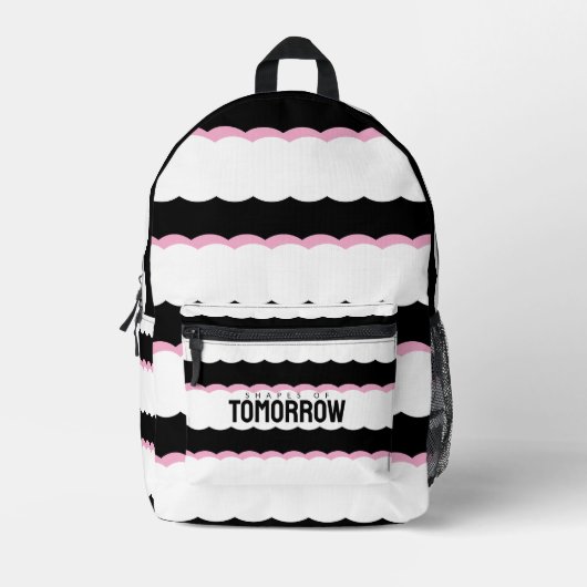 “Shapes of Tomorrow” Black, White & Pink Wavy  プリントバックパック (正面)