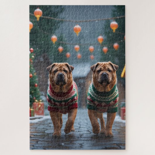 Shar Pei  Dogs Christmas Snow Holiday ジグソーパズル (縦)