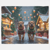 Shar Pei  Dogs Christmas Snow Holiday フリースブランケット (正面(横))