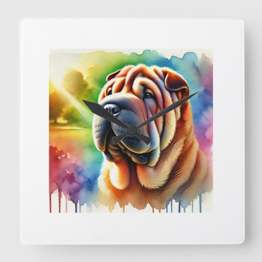 Shar Pei Elegance 280824AREF102 - Watercolor スクエア壁時計 (正面)