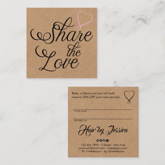 Share the love kraft script typography referral ca スクエア名刺 (正面/裏面)