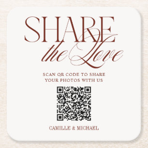 Share the Love QRコード ディープテラコッタレッド ウェディング スクエアペーパーコースター