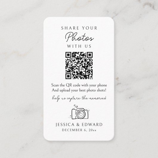 Share Your Photos Memorable Qr Code Simple Wedding プレイスカード (正面)