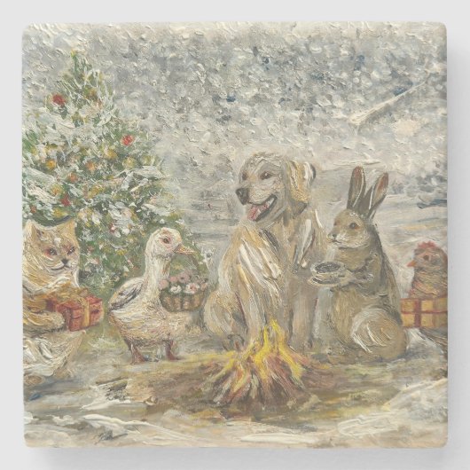 Shared Warmth Whimsical Farmhouse Animals Campfire ストーンコースター (正面)