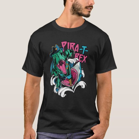 Shark Attacking A rex Pirate Pira rex Rise Time Tシャツ (正面)