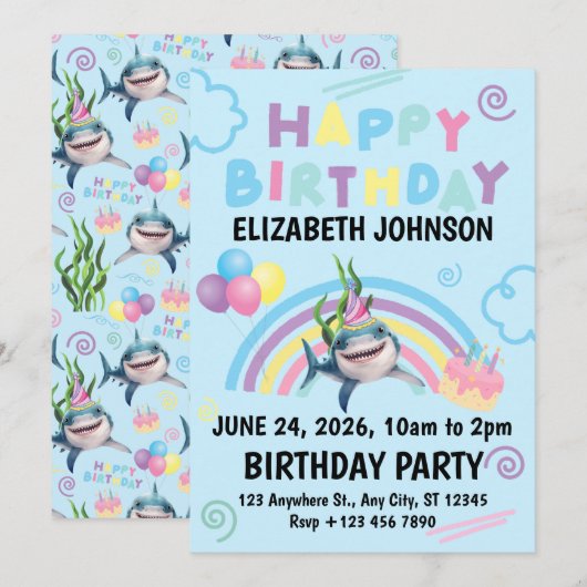 Shark Birthday Invitation in Blue 招待状 (正面/裏面)