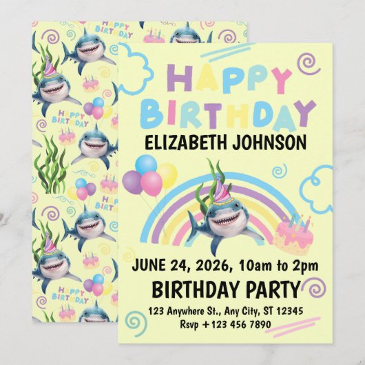 Shark Birthday Invitation in Yellow 招待状 (正面/裏面)