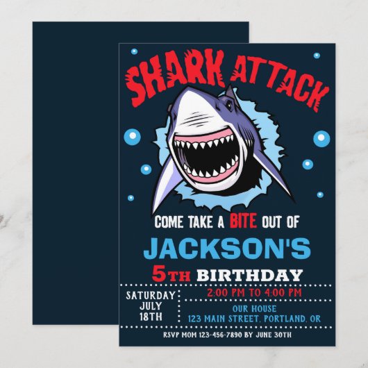 Shark Birthday Invitation - Shark Attack Party 招待状 (正面/裏面)