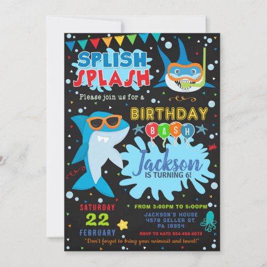 Shark Birthday Invitation Splish Splash Party 招待状 (正面)