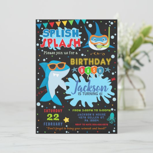 Shark Birthday Invitation Splish Splash Party 招待状 (スタンド正面)