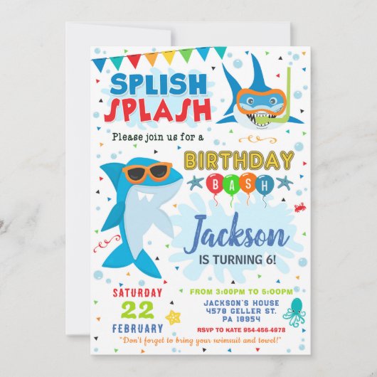 Shark Birthday Invite Splish Splash Birthday Bash 招待状 (正面)