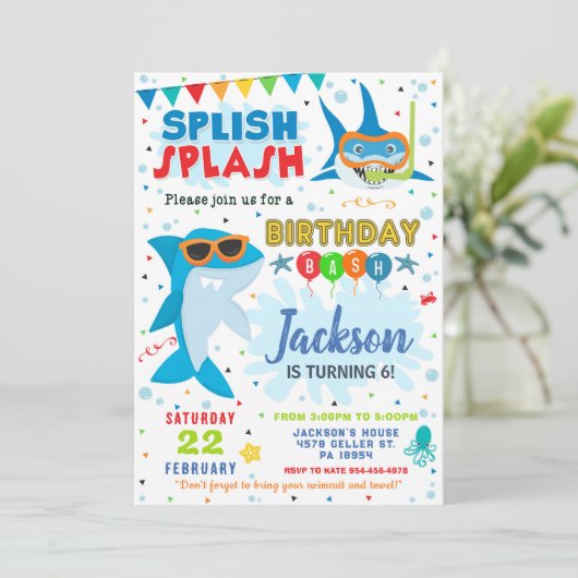 Shark Birthday Invite Splish Splash Birthday Bash 招待状 (スタンド正面)
