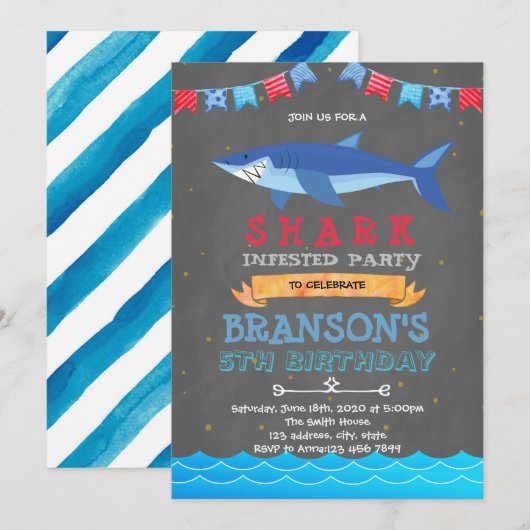 Shark Birthday Partyの招待 招待状 (正面/裏面)