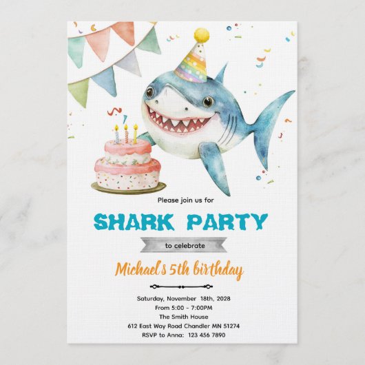 Shark birthday party invitation 招待状 (正面)
