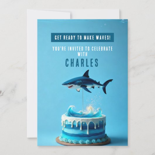 Shark Birthday Party Invitation - Ocean Waves Cake 招待状 (正面)