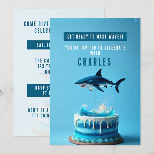 Shark Birthday Party Invitation - Ocean Waves Cake 招待状 (正面/裏面)