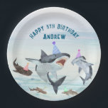 Shark Birthday Pool Party Paper Plates ペーパープレート<br><div class="desc">Enjoy birthday cake and ice cream with all your favorite sharks! This paper plates design features a school of festive birthday sharks all wearing fun party hats! Easily edit with your birthday party information. 

See the entire collection for more matching items!</div>