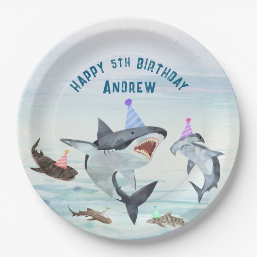 Shark Birthday Pool Party Paper Plates ペーパープレート (正面)