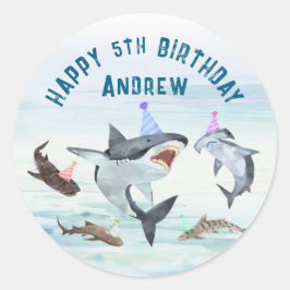 Shark Birthday Pool Party Stickers ラウンドシール