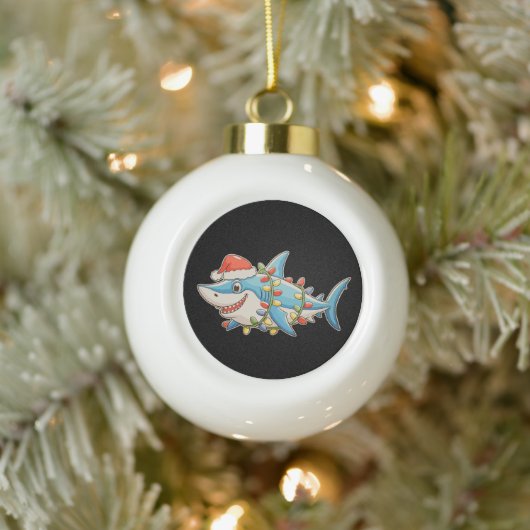 Shark Christmas Santa Hat Xmas Lights Sharkmas セラミックボールオーナメント (ツリー)