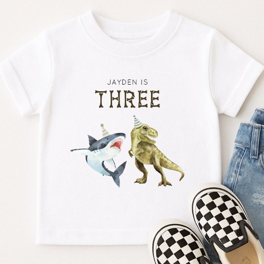 Shark & Dino 3rdバースデーシャツ、Tレックスシャークパーティー Tシャツ