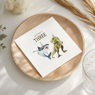 Shark & Dino 3rd Birthday, T-rex Shark Party  スタンダードカクテルナプキン